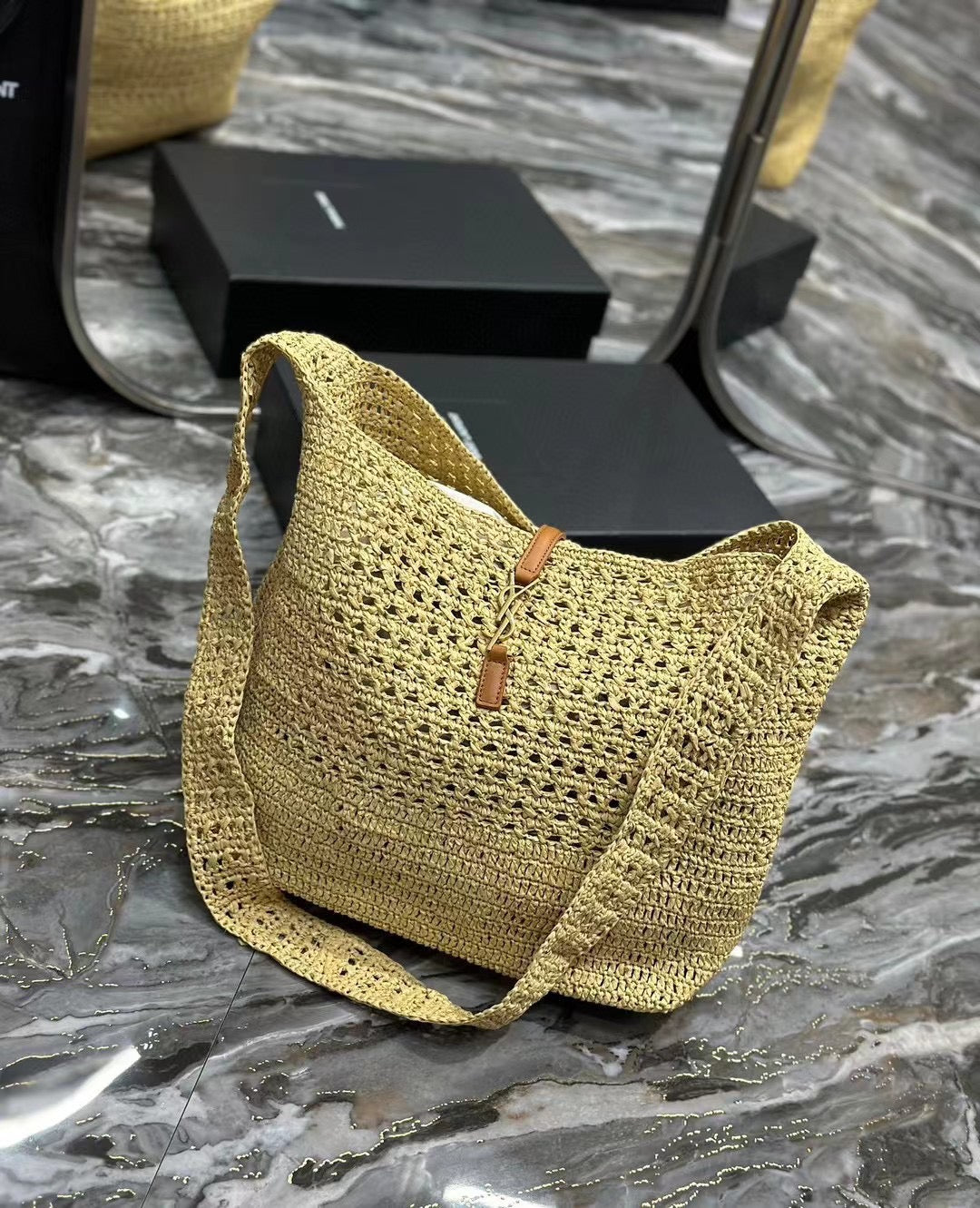 Luxury Saint Laurent YSL HOBO BAG 30CM BEIGE RAFFIA