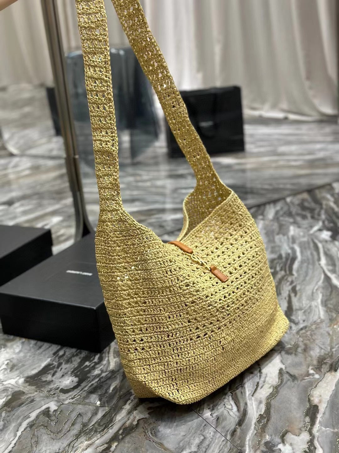 Luxury Saint Laurent YSL HOBO BAG 30CM BEIGE RAFFIA