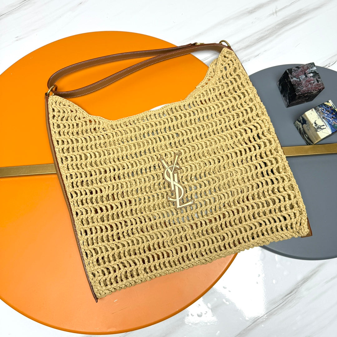Luxury Saint Laurent YSL OXALIS 37CM BEIGE RAFFIA TAN CALFSKIN