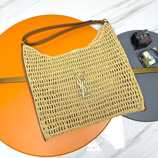 Luxury Saint Laurent YSL OXALIS 37CM BEIGE RAFFIA TAN CALFSKIN