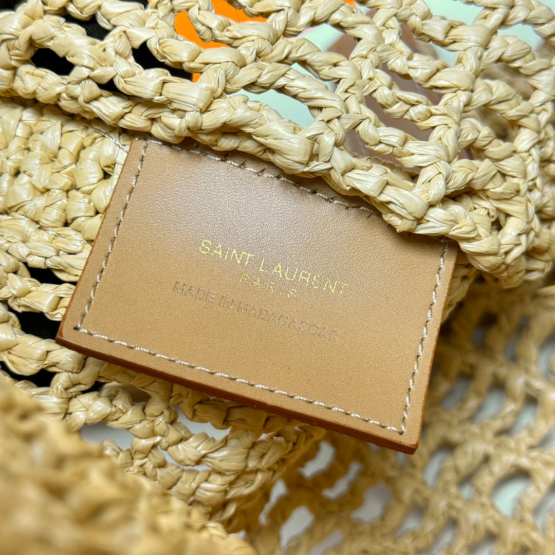 Luxury Saint Laurent YSL OXALIS 37CM BEIGE RAFFIA TAN CALFSKIN