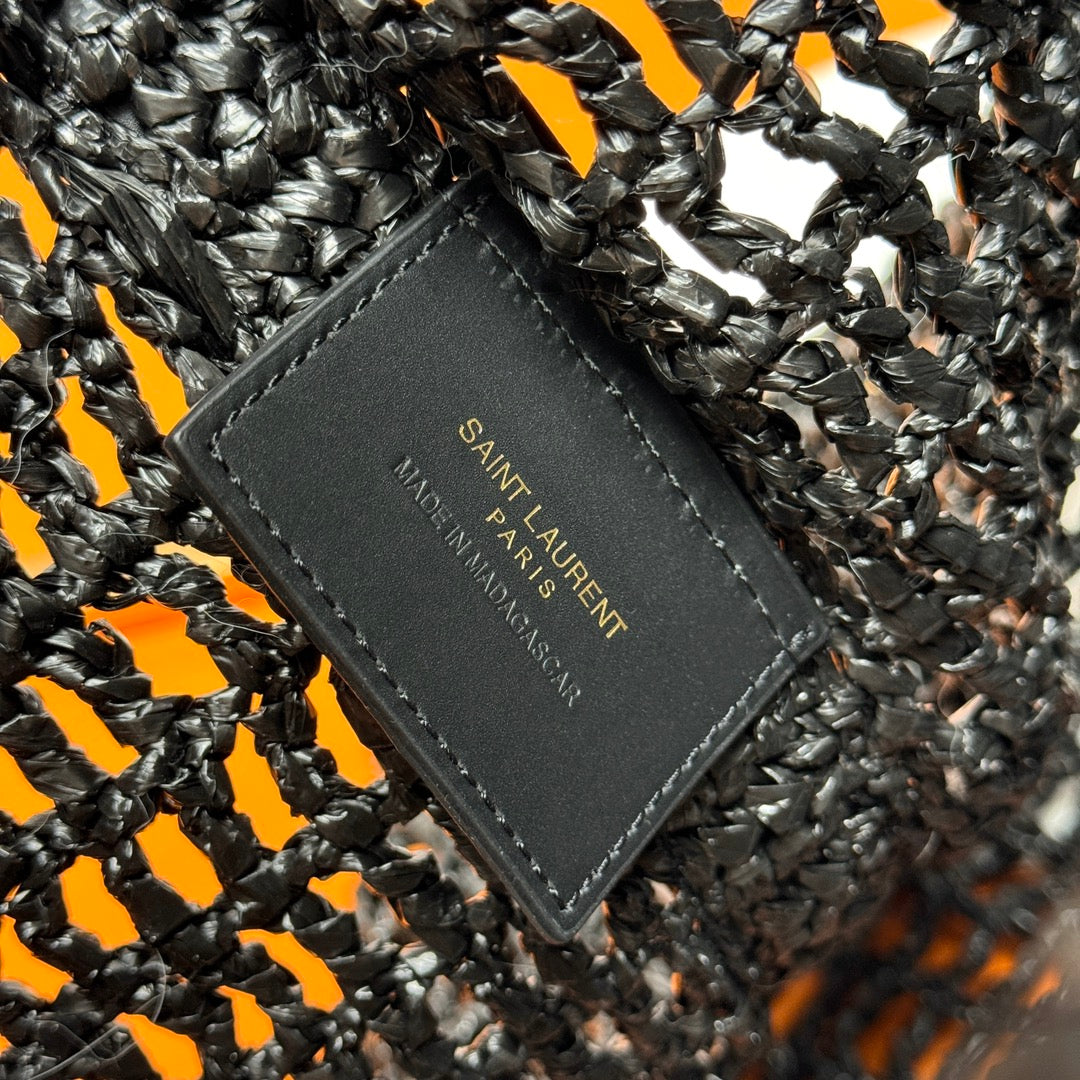 Luxury Saint Laurent YSL OXALIS 37CM BLACK  RAFFIA TAN CALFSKIN