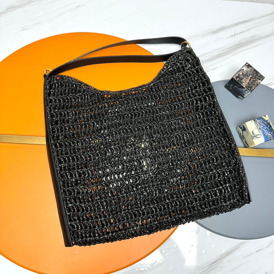 Luxury Saint Laurent YSL OXALIS 37CM BLACK  RAFFIA TAN CALFSKIN