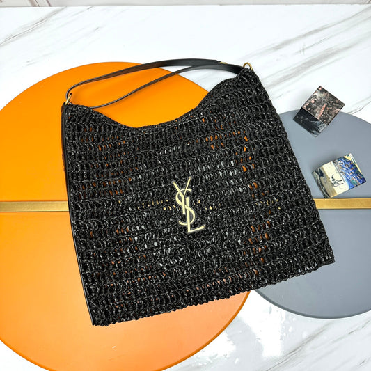 Luxury Saint Laurent TOTE BAG 40 IN BLACK RAFFIA GOLD LOGO