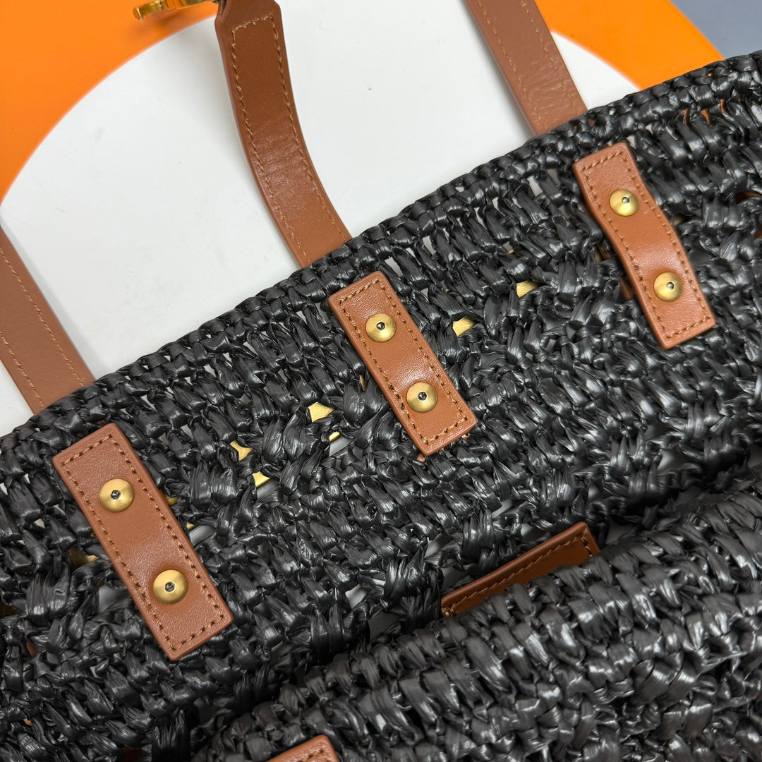 Luxury Saint Laurent YSL PANIER BAG 55CM BLACK CROCHET RAFFIA TAN CALFSKIN