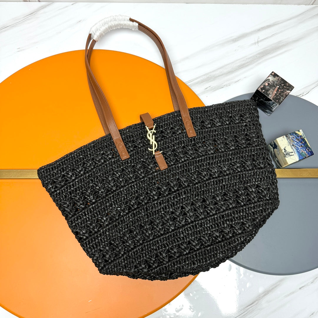 Luxury Saint Laurent YSL PANIER BAG 55CM BLACK CROCHET RAFFIA TAN CALFSKIN