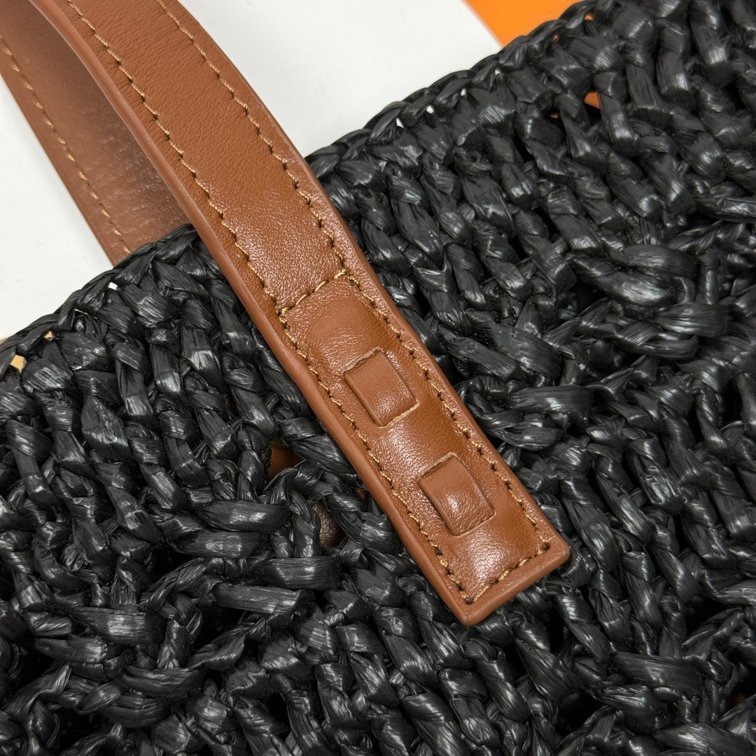 Luxury Saint Laurent YSL PANIER BAG 55CM BLACK CROCHET RAFFIA TAN CALFSKIN