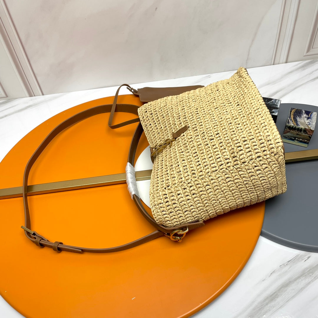Luxury Saint Laurent LE 37 MEDIUM 25 IN LIGHT YELLOW STRAW AND BROWN LEATHER TRIM