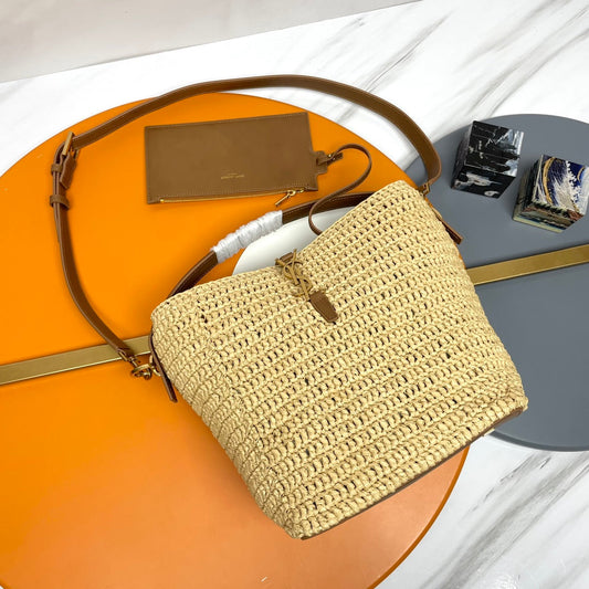 Luxury Saint Laurent LE 37 MEDIUM 25 IN LIGHT YELLOW STRAW AND BROWN LEATHER TRIM