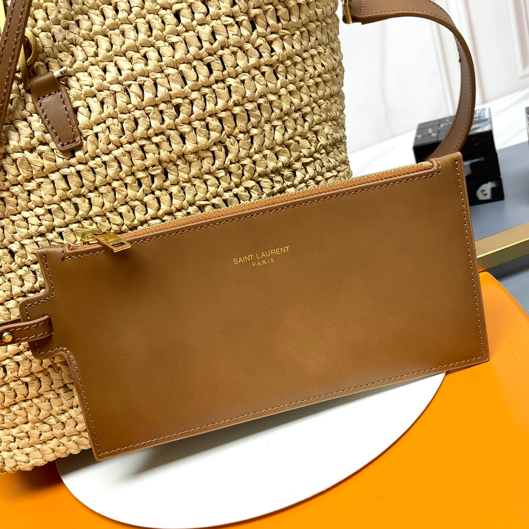 Luxury Saint Laurent YSL LE 37 20CM BEIGE RAFFIA BUCKET BAG