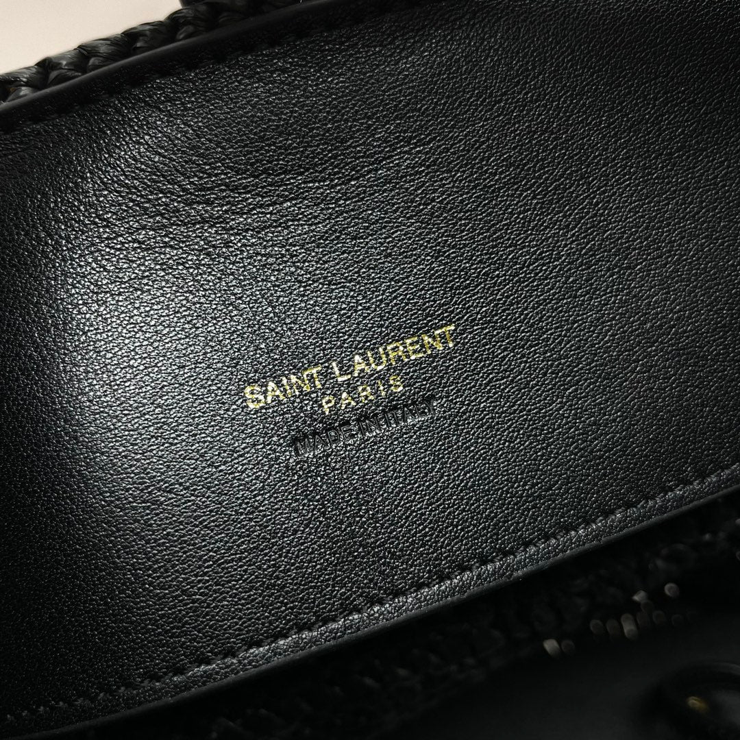 Luxury Saint Laurent YSL LE 37 20CM BLACK RAFFIA BUCKET BAG