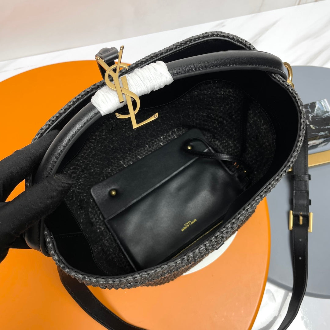 Luxury Saint Laurent YSL LE 37 20CM BLACK RAFFIA BUCKET BAG