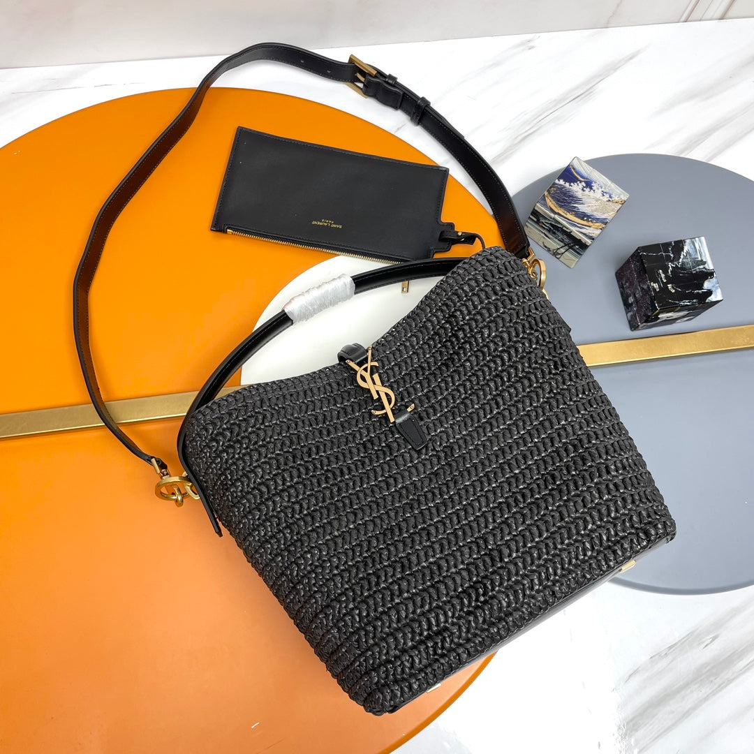 Luxury Saint Laurent YSL LE 37 20CM BLACK RAFFIA BUCKET BAG