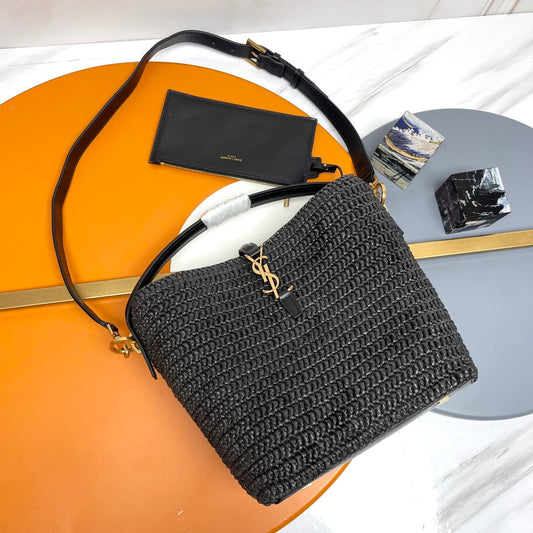 Luxury Saint Laurent YSL LE 37 20CM BLACK RAFFIA BUCKET BAG