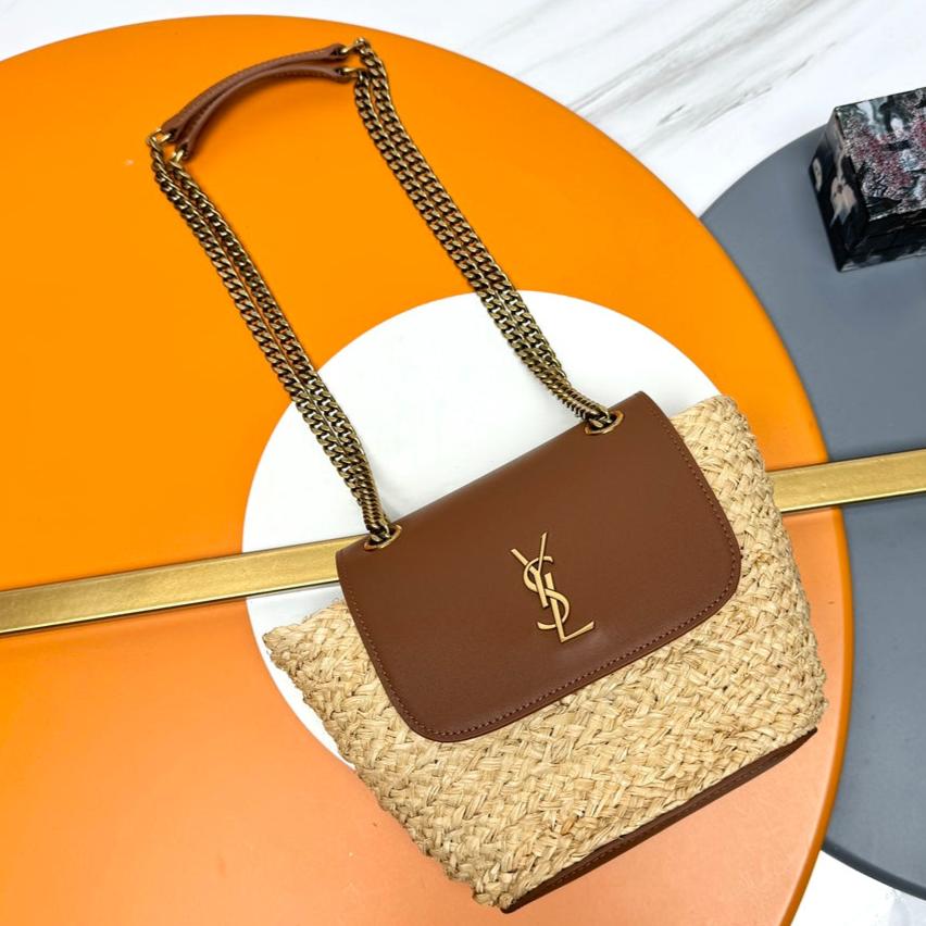 Luxury Saint Laurent YSL SMALL 23CM MANON BEIGE RAFFIA TAN CALFSKIN