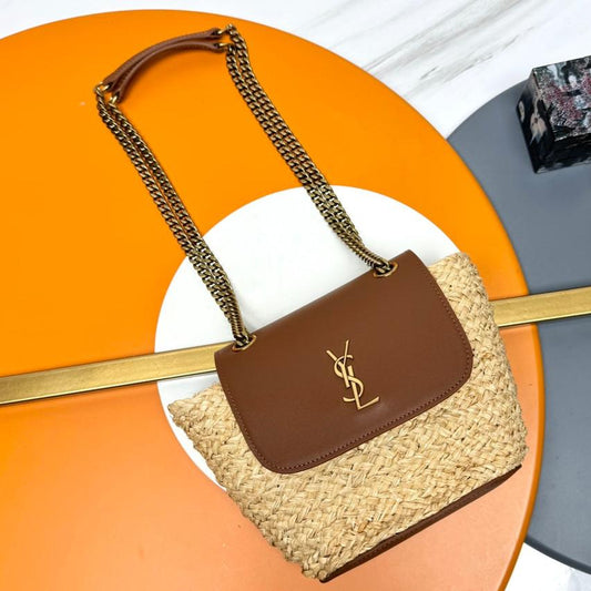 Luxury Saint Laurent YSL SMALL 23CM MANON BEIGE RAFFIA TAN CALFSKIN