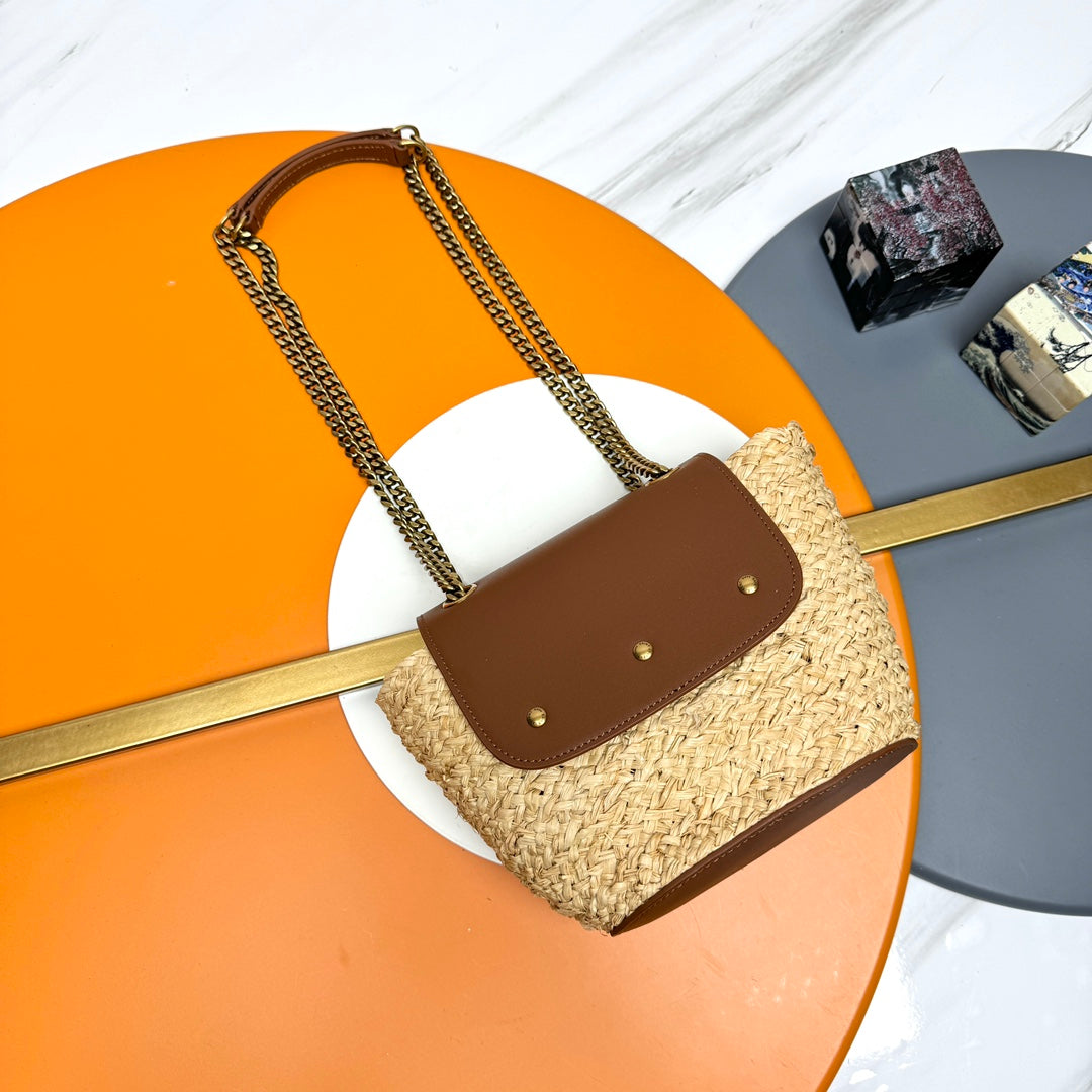 Luxury Saint Laurent YSL SMALL 23CM MANON BEIGE RAFFIA TAN CALFSKIN