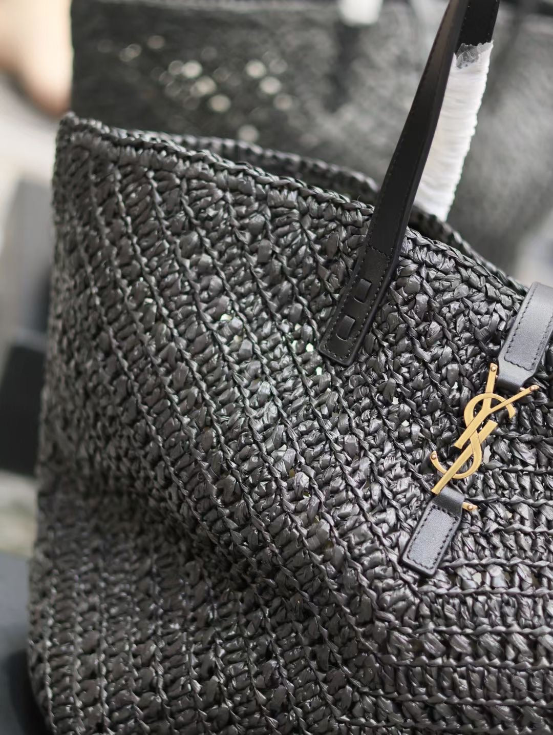 Luxury Saint Laurent YSL MEDIUM 44CM PANIER BLACK RAFFIA TOTE BAG