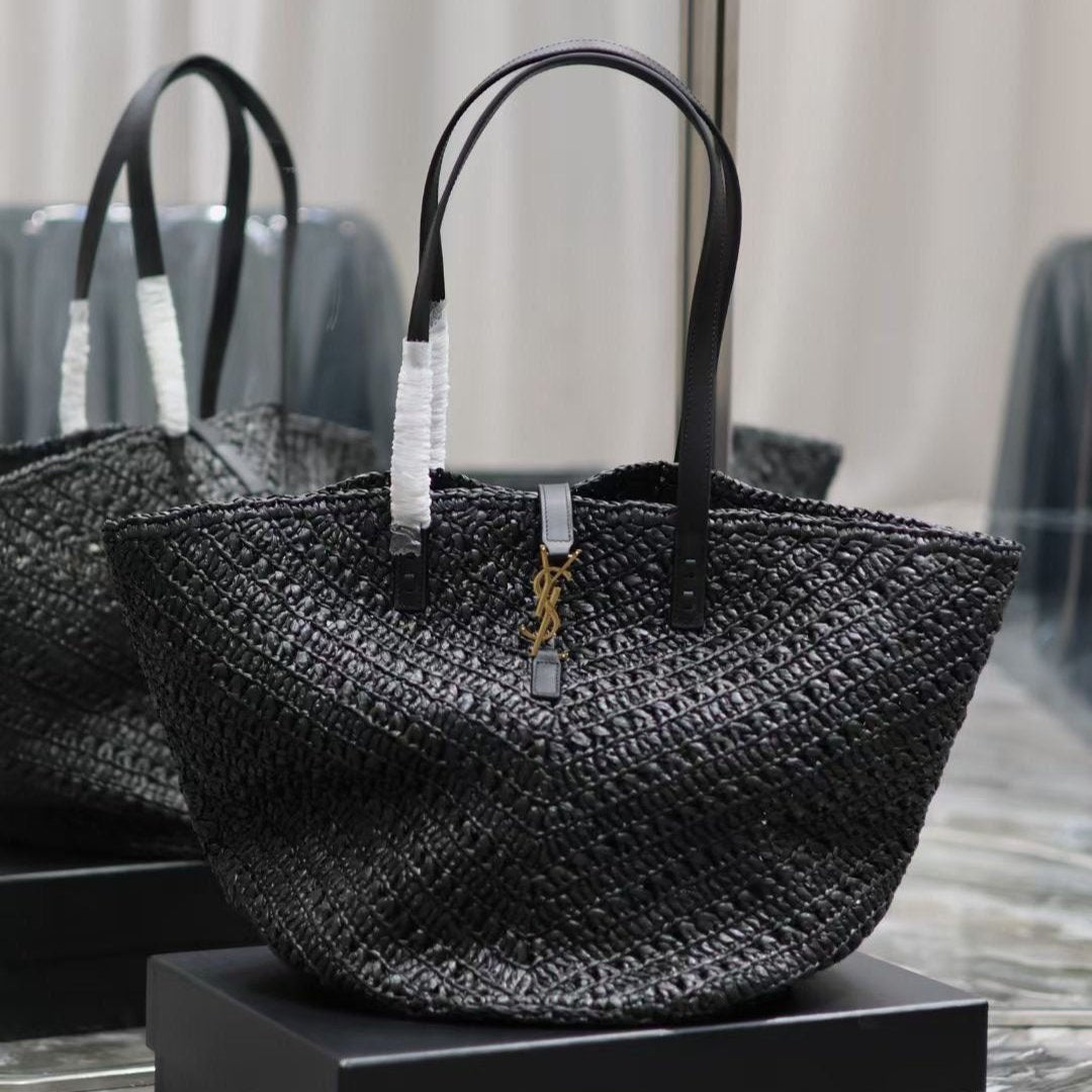 Luxury Saint Laurent YSL MEDIUM 44CM PANIER BLACK RAFFIA TOTE BAG