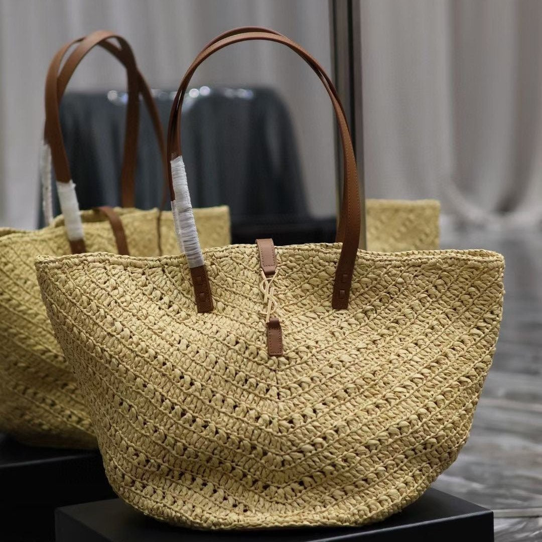 Luxury Saint Laurent YSL MEDIUM 44CM PANIER BEIGE RAFFIA TOTE BAG