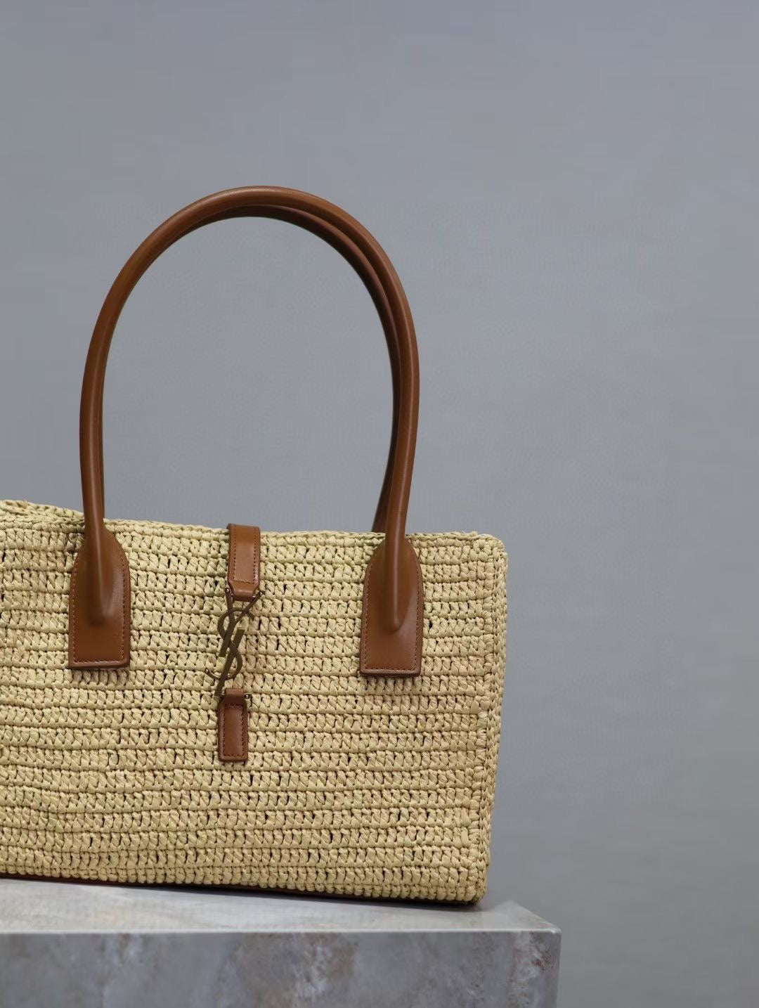 Luxury Saint Laurent YSL TOTE BAG 29CM PANIER LEATHER TRIMMED RAFFIA