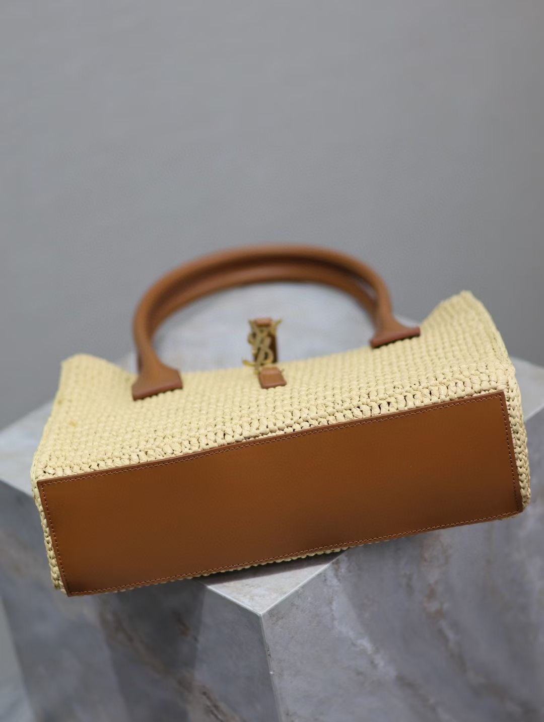 Luxury Saint Laurent YSL TOTE BAG 29CM PANIER LEATHER TRIMMED RAFFIA