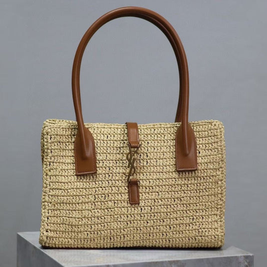Luxury Saint Laurent YSL TOTE BAG 29CM PANIER LEATHER TRIMMED RAFFIA