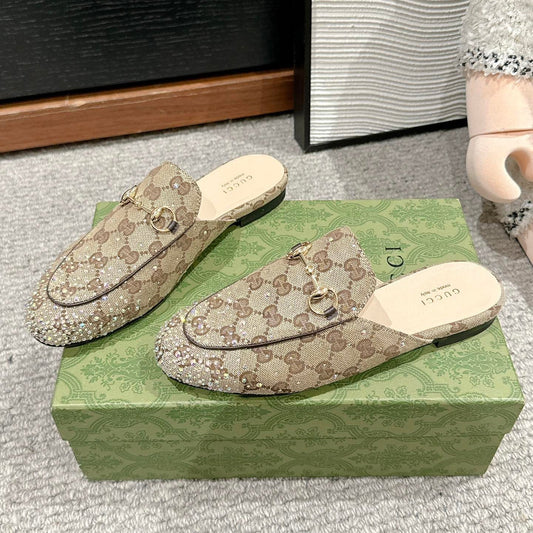 Luxury Gucci Horsebit Mule Beige Ebony Canvas Crystal-Embellished