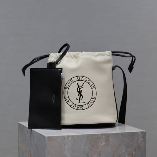 Luxury Saint Laurent RIVE GAUCHE BUCKET BAG 23 IN WHITE CALFSKIN