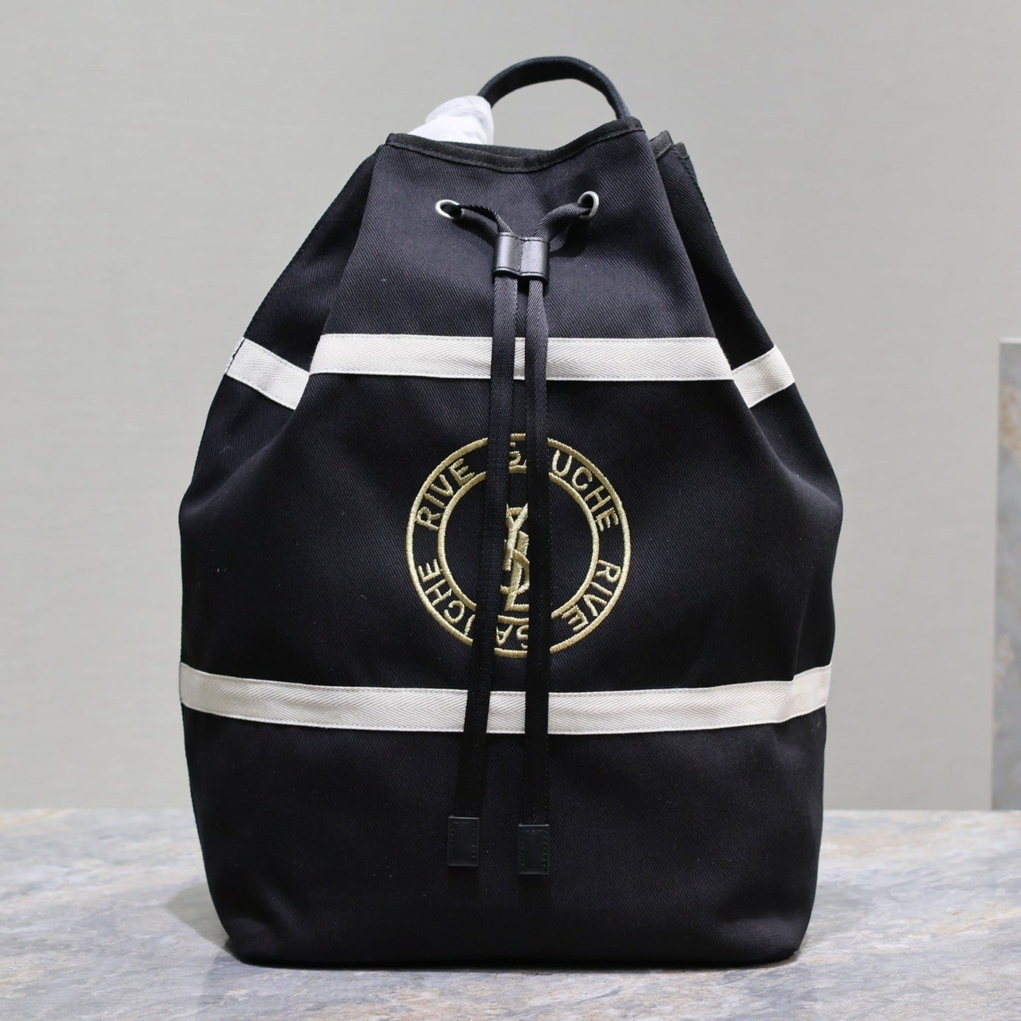 Luxury Saint Laurent RIVE GAUCHE BACKPACK 49 IN BLACK MIX WHITE CANVAS