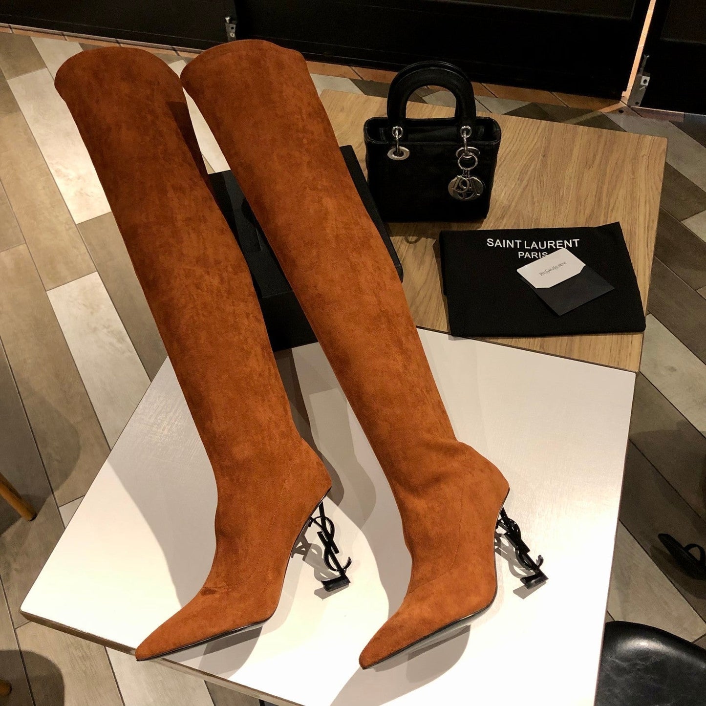 Luxury Saint Laurent OPYUM THIGH HIGH BOOTS IN BRONZE BROWN VELVET