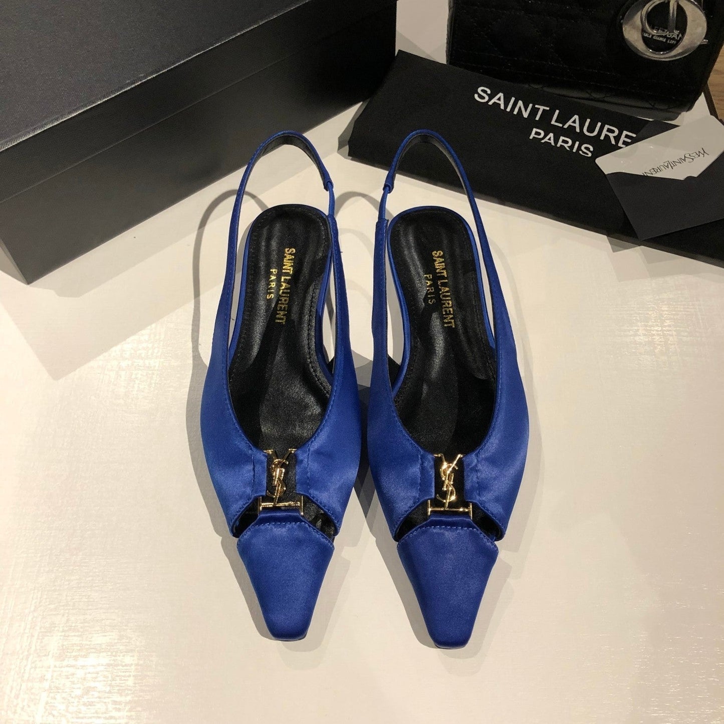 Luxury Saint Laurent BABYLONE SLINGBACK FLAT IN SAPPHIRE BLUE SILK