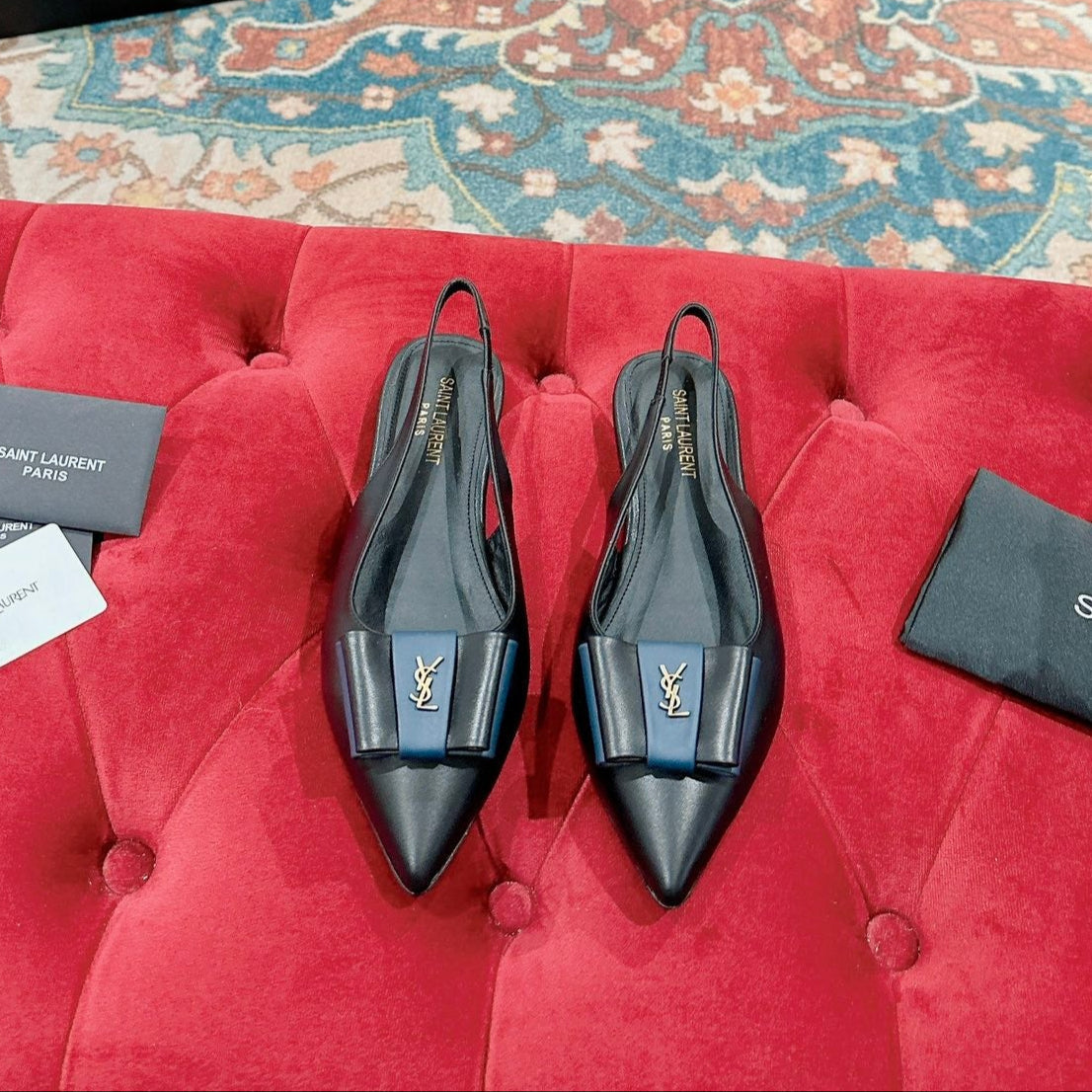 Luxury Saint Laurent CASSANDRA SLINGBACK FLAT IN BLACK MIX BLUE SMOOTH LAMBSKIN