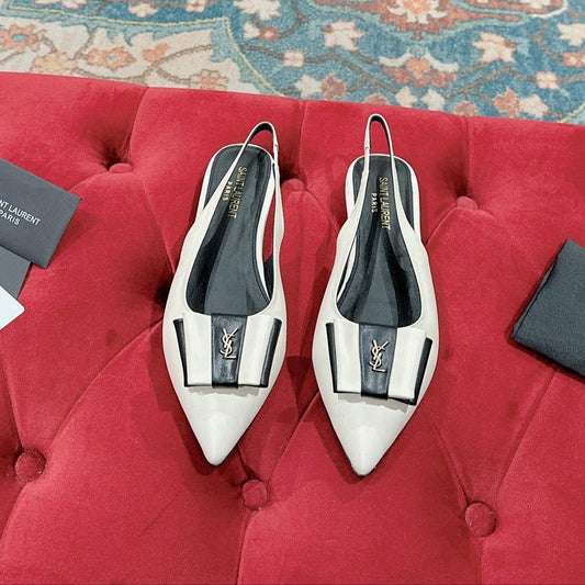 Luxury Saint Laurent CASSANDRA SLINGBACK FLAT IN WHITE MIX BLACK SMOOTH LAMBSKIN