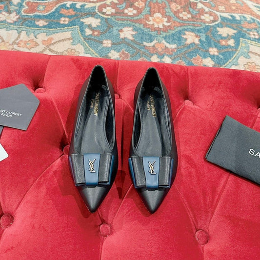 Luxury Saint Laurent CASSANDRA BALLET FLAT IN BLACK MIX BLUE SMOOTH LAMBSKIN