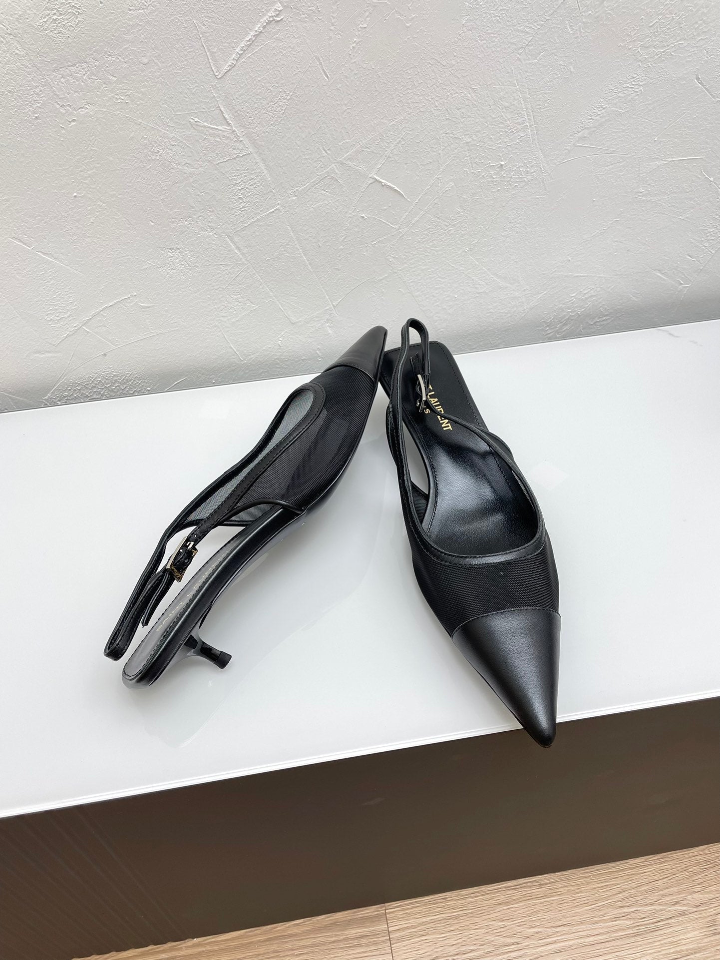 Luxury Saint Laurent OXALIS SLINGBACK PUMPS 30 IN MESH BLACK LEATHER
