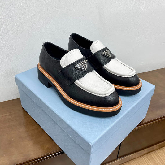 Luxury PradaCHOCOLATE BRUSHED LOAFERS BLACK AND WHITE CALFSKIN