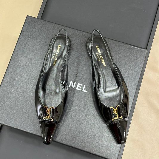 Luxury Saint Laurent SL BABYLONE SLINGBACK FLAT BLACK POLISHED CALFSKIN