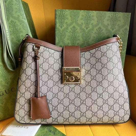 Luxury Gucci GG PADLOCK 32 SHOULDER BAG BEIGE CANVAS AND BROWN CALFSKIN