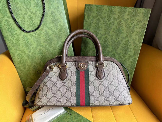 Luxury Gucci OPHIDIA 31 SMALL TOP HANDLE BAG IN BEIGE CANVAS AND BROWN CALFSKIN