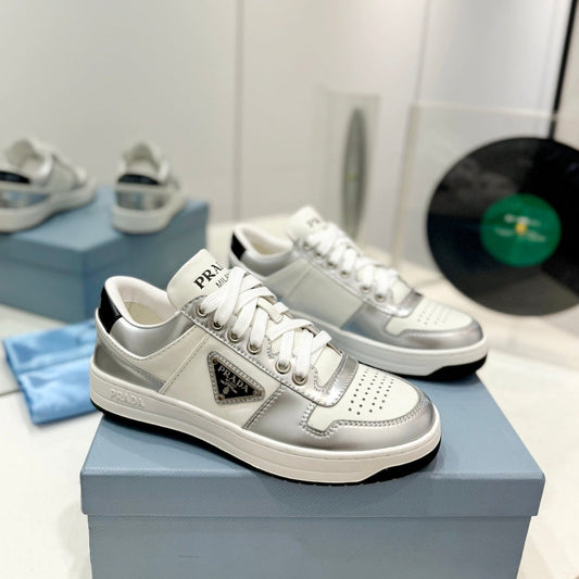 Luxury PradaDOWNTOWN NAPPA SNEAKERS WHITE AND SILVER CALFSKIN