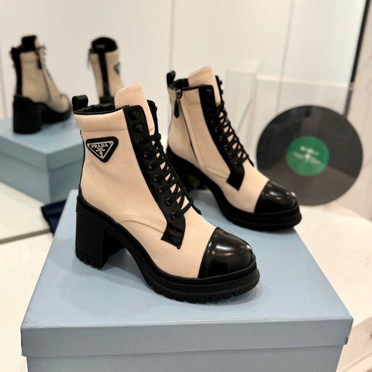 Luxury PradaBRUSHED LEATHER AND RE-NYLON LACED BOOTIES PASTEL PINK