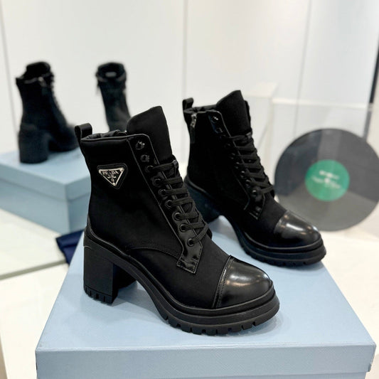 Luxury PradaBRUSHED LEATHER AND RE-NYLON LACED BOOTIES BLACK