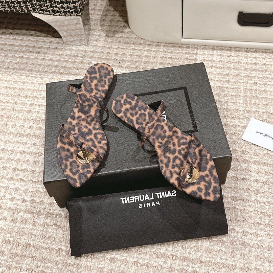 Luxury Saint Laurent SL TANGER SLIDES LEOPARD SATIN