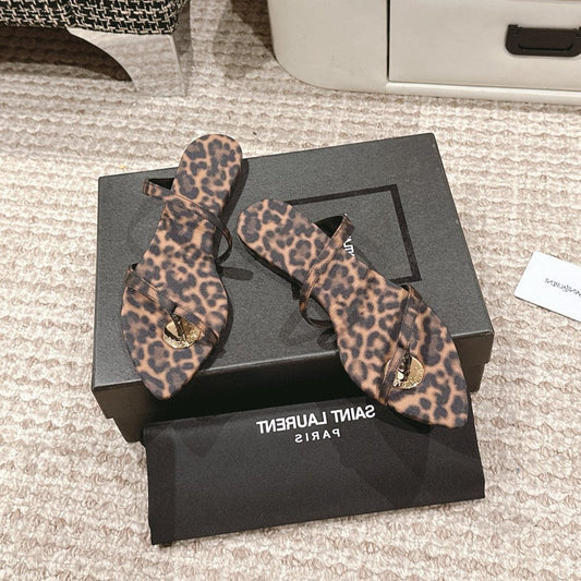 Luxury Saint Laurent SL TANGER SLIDES LEOPARD SATIN