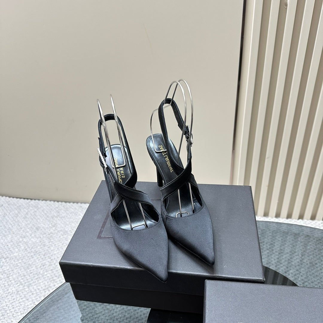 Luxury Saint Laurent SL CROSS-STRAP SLINGBACK BLACK SATIN
