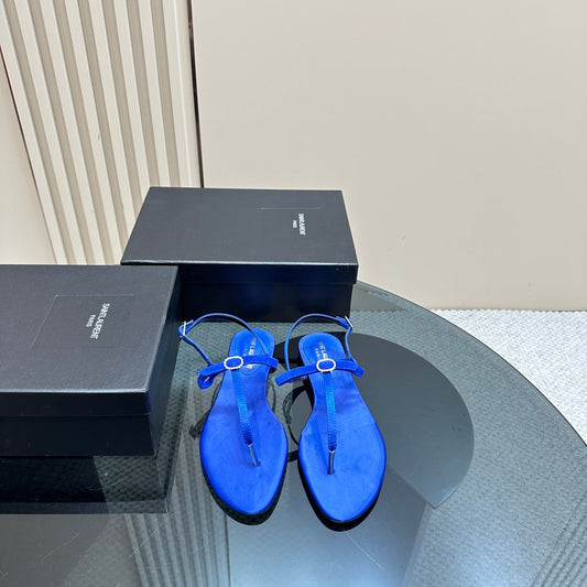 Luxury Saint Laurent SL CRYSTAL T-STRAP FLAT SANDAL COBALT SATIN