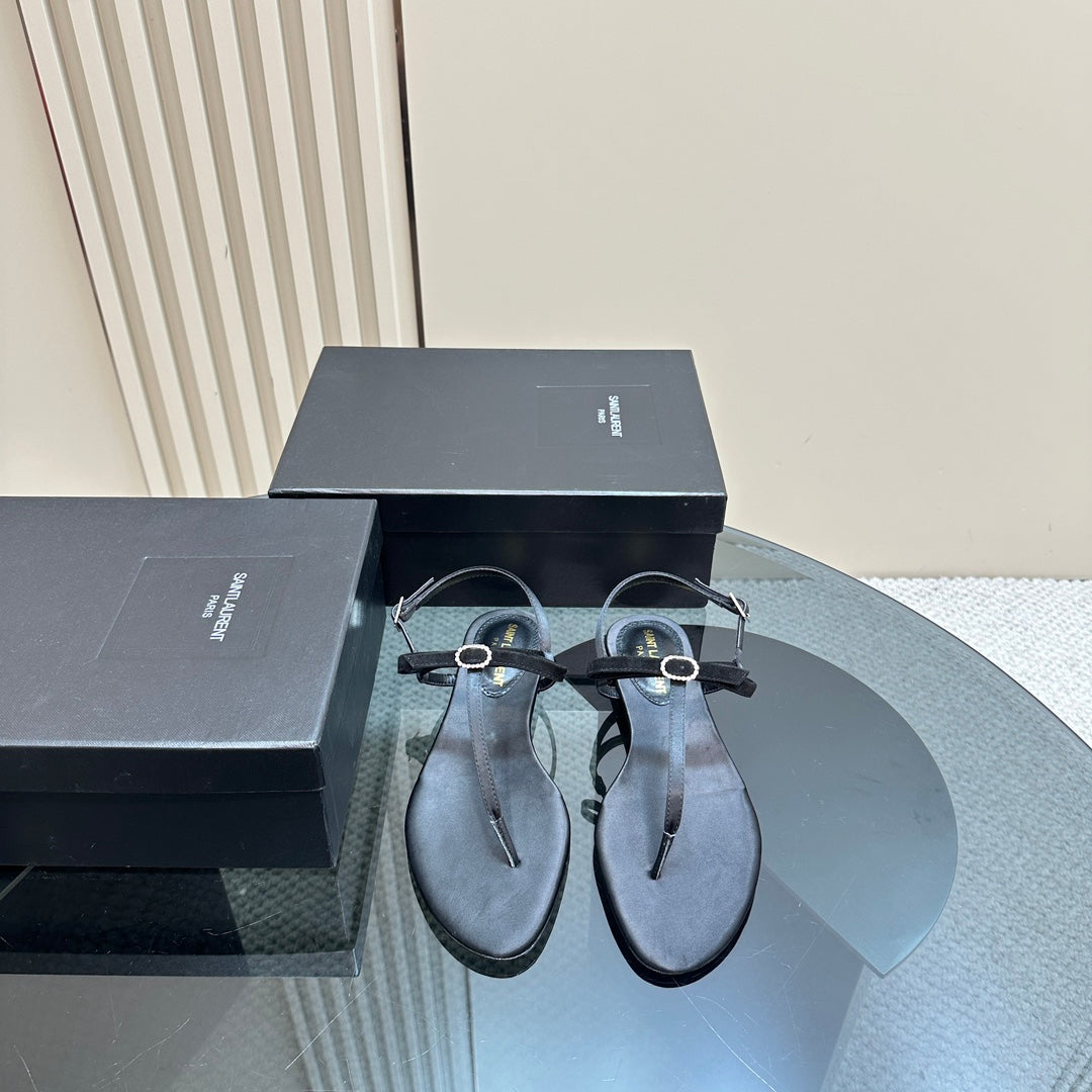Luxury Saint Laurent SL CRYSTAL T-STRAP FLAT SANDAL BLACK SATIN