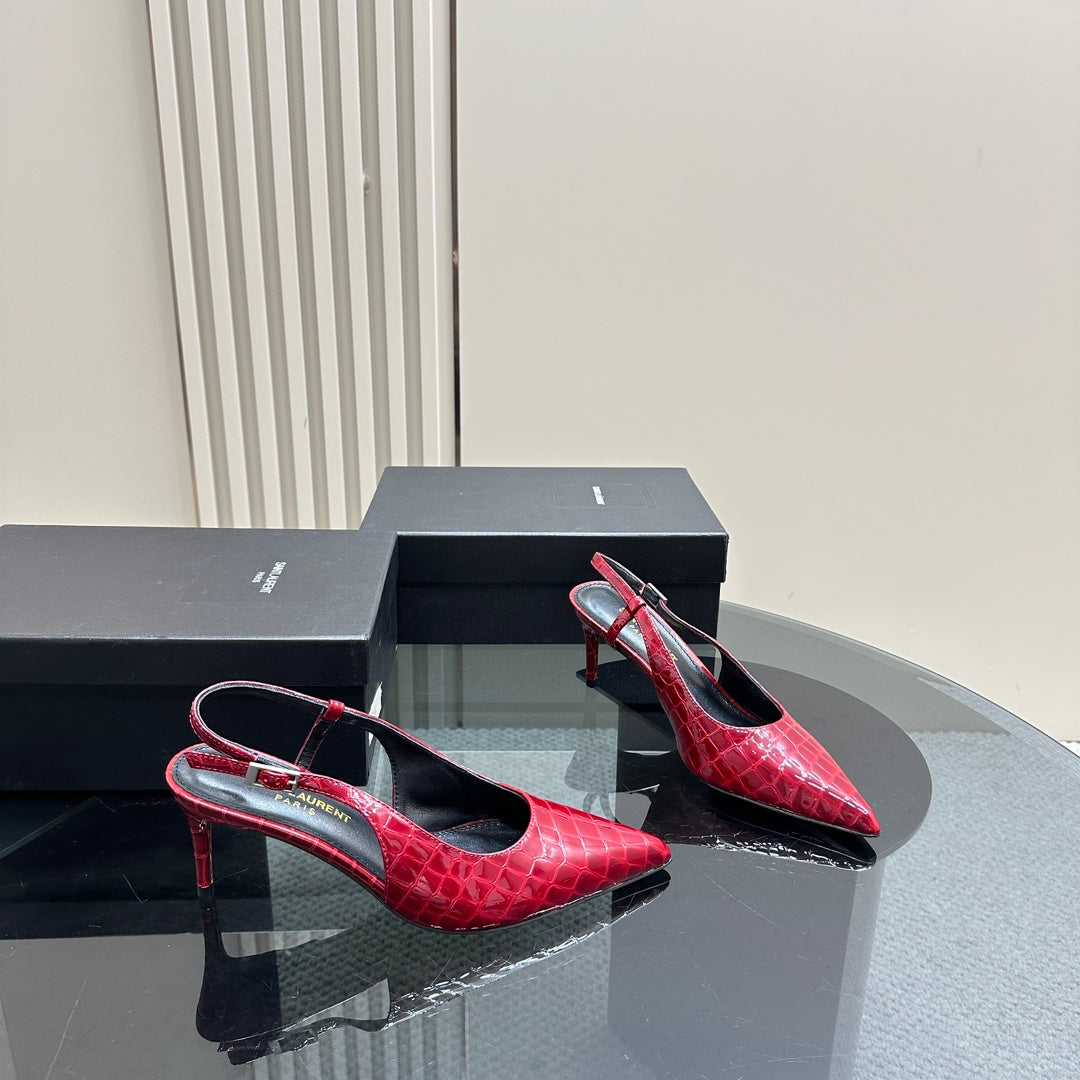 Luxury Saint Laurent SL TRAPEZE CROCODILE MOTIF SLINGBACK PUMP RED CALFSKIN