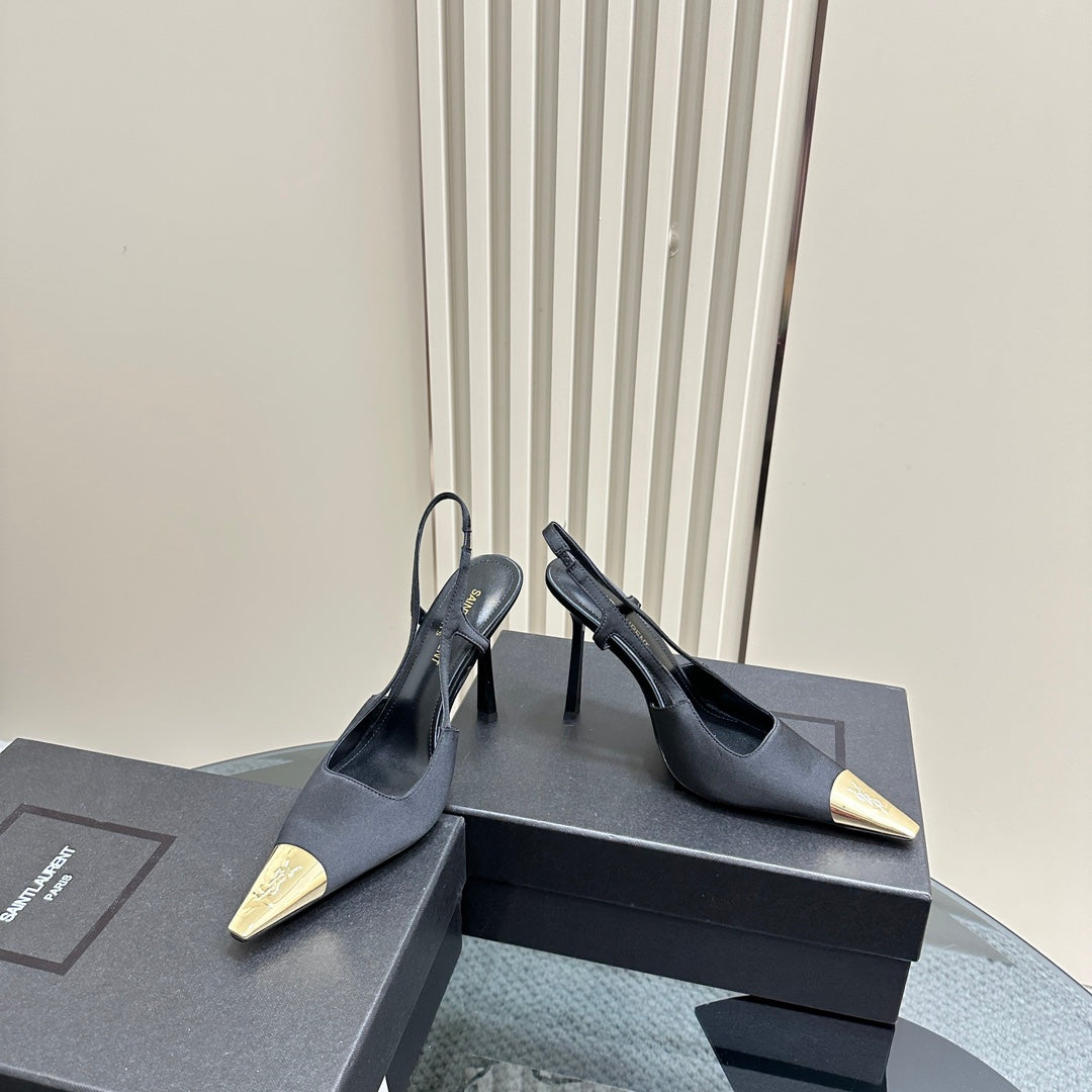 Luxury Saint Laurent SL JEANNE SLINGBACK PUMPS BLACK SATIN